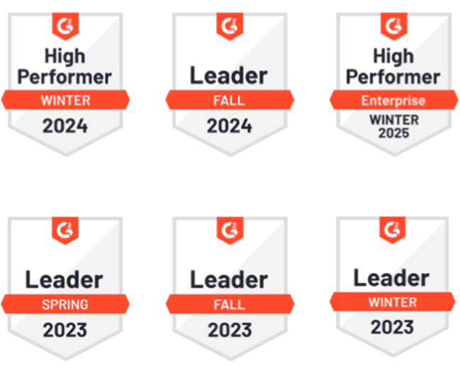G2 awards: High Performer, Leader, Enterprise badges